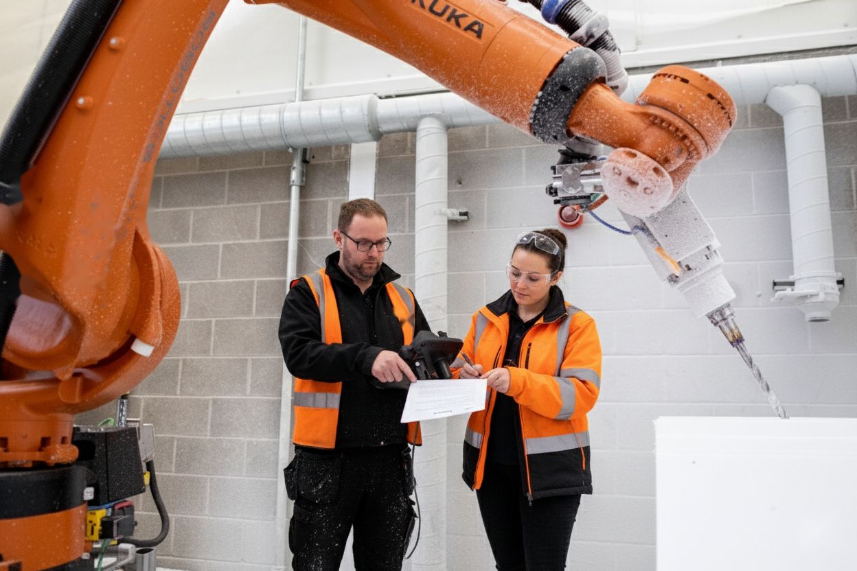 Two ARMS engineers reviewing an equipment specification beside a KUKA robot fitted with a milling spindle