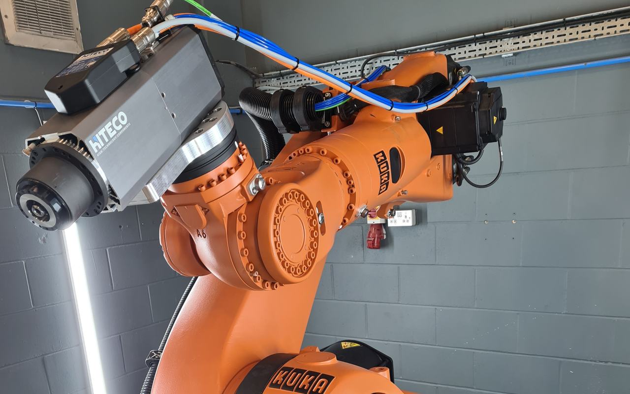 Hiteco electrospindle mounted on a KUKA KR industrial robot arm for robotic machining